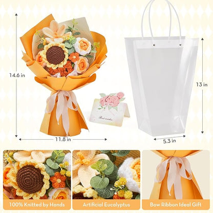 Alecono Crochet Flower Bouquet, Orange Knitted Flowers, Crochet Sunflower Flower for Lover Anniversary Birthday Party Mother's Day Graduation Gifts (Include Card)