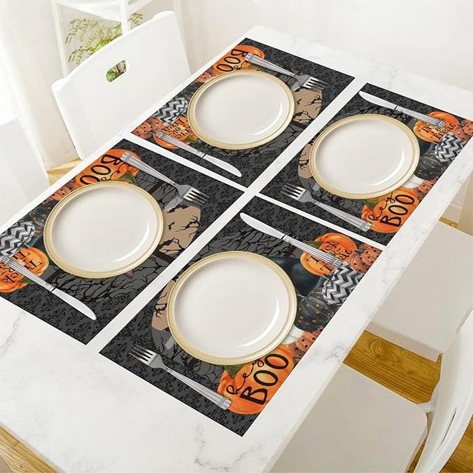 Boo Black Cat Pumpkins Halloween Placemats Gothic Dark Damask Bat Spider Web Dark Forest Funny Pumpkin Placemats Table Kitchen Dining Party 12x18 Inch Set of 6