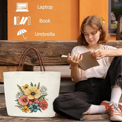 Floral Canvas Tote Bag For Women, Flower Tote Bags for Grocery Shoulder Bag for Work Beach Travel Gym, Beach Bag Shopping Handbag Motivational Gifts Birthday Gifts for Mom Teacher Friends -11