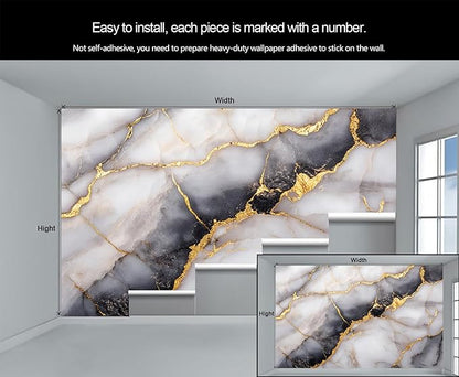 Golden Veins Marble Wall Mural, Black and White Marble 3D Wall Murals, Luxury Stone Wallpaper Mural, for Living Room Bedroom Large Wallpaper Indoor Decor 59" W x39.4 H