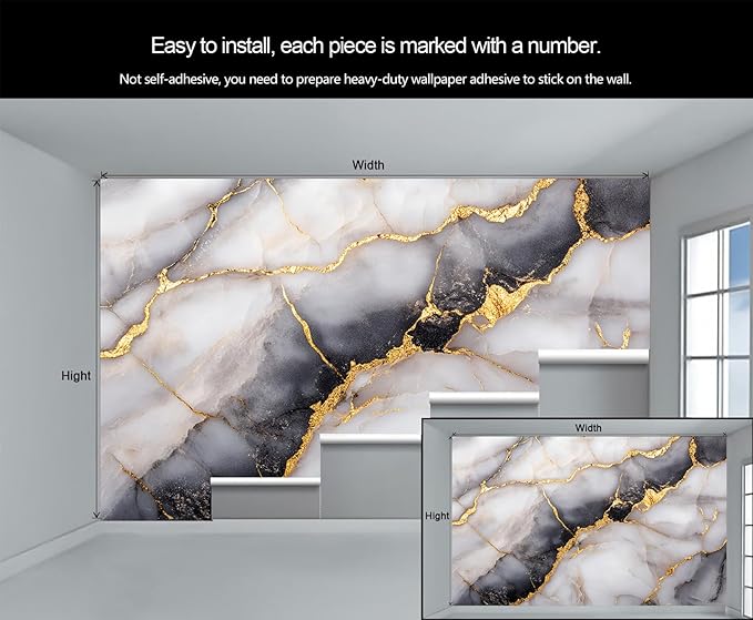 Golden Veins Marble Wall Mural, Black and White Marble 3D Wall Murals, Luxury Stone Wallpaper Mural, for Living Room Bedroom Large Wallpaper Indoor Decor 98.4" W x68.9 H