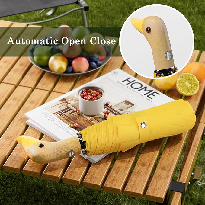 Cute Duck Umbrella Automatic - Compact Pretty Pocket Size Strong Duck Collapsible Umbrella Yellow Wooden Handle for Women