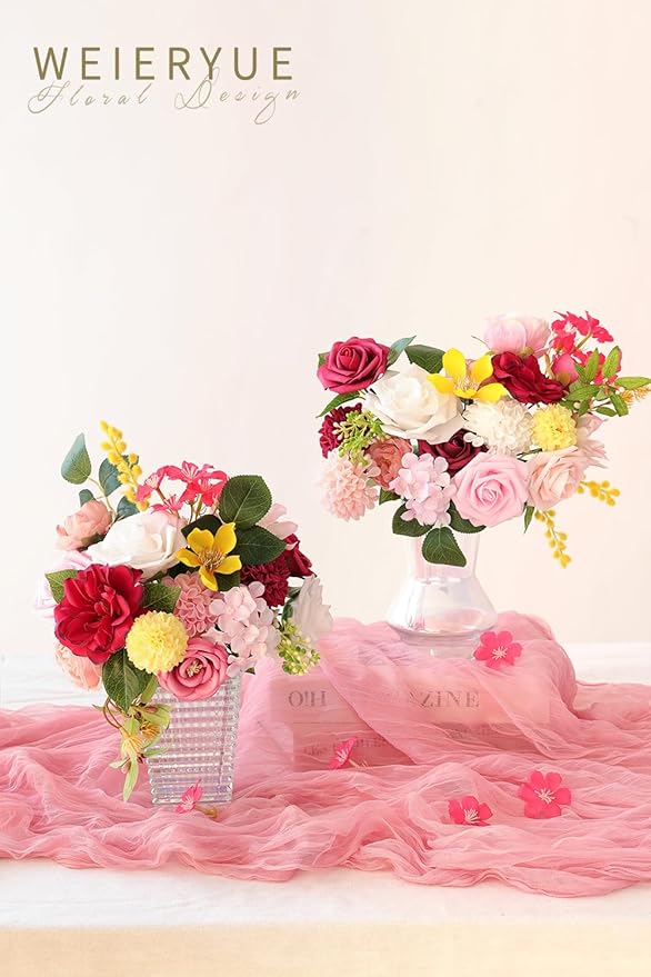 Artificial Flower Box Set Silk Fake Flowers DIY Center Cake Decoration Wedding Bouquet Corsage Home Decor Outdoor Decor Gift (Bright Pink)