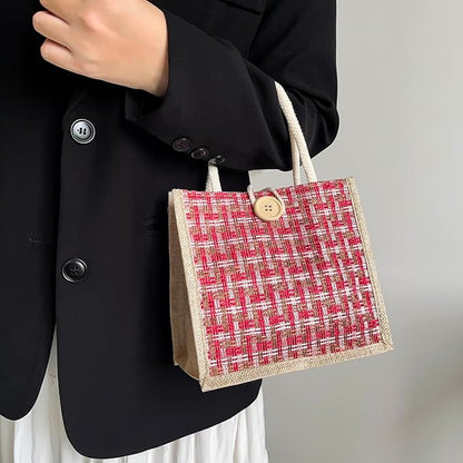 Women Tote Bag,2Pcs Jute Casual Tote's Handbag Embroidered Personalized Bento Bag,Reusable Grocery Bags Shopping Bags