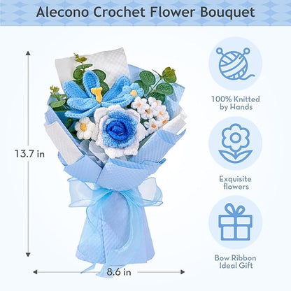 Alecono Crochet Flower Bouquet, Knitted Flowers, Blue Handmade Bouquet of Flowers for Lover Anniversary Birthday Party Mother's Day Graduation Gifts (Include Card)