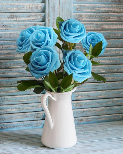 JOYLEX Artificial Flowers Realistic Roses, 50pcs Real Looking Fake Roses with Stem for DIY Wedding Bouquets Centerpieces Bridal Shower Party Home Romantic Decorations (Light Blue)
