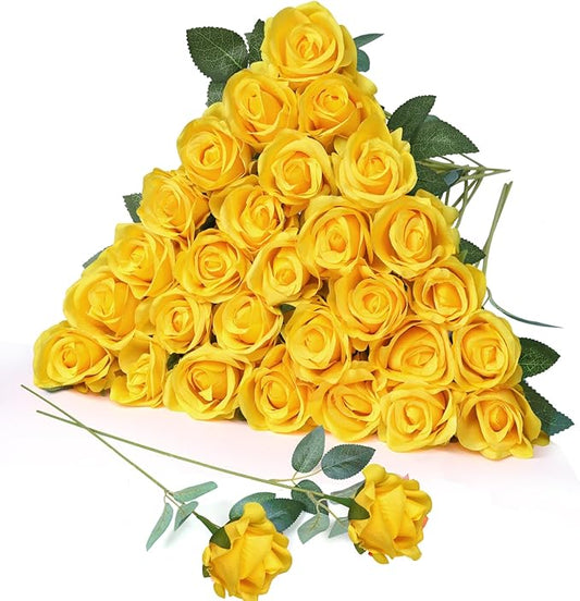 30pcs Fake Roses Artificial Silk Flowers Long Stems Bouquet for Wedding Bridal Shower Party Home Decoration (Yellow)