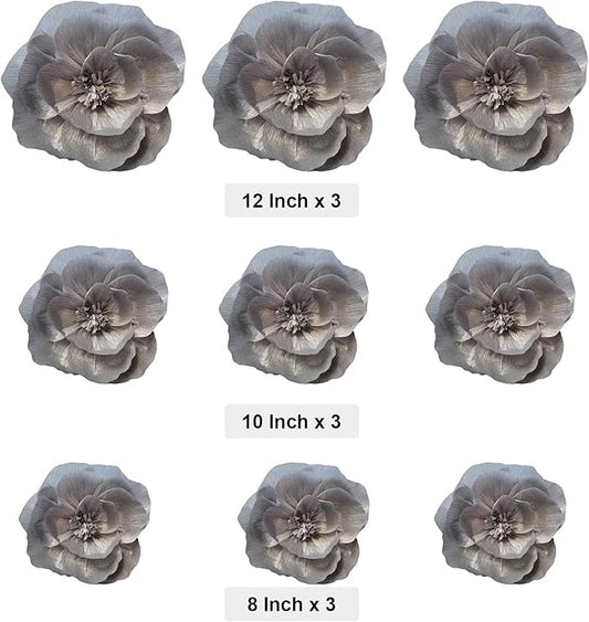 BRT Bearingshui Crepe Paper Flowers Decoration for Wall Total 9 Pcs, Artificial Flowers Backdrop for Wedding Decor Baby Bridal Shower Birthday Party, Silver 3D Wall Flowers Decor