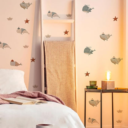 Whale Wall Decals for Nursery – 18 Decals, Ocean Theme Removable Stickers for Kids Room, Sea Animal Baby Room Decor, Reusable Wall Stickers for Furniture & Glass (6 Sheets)