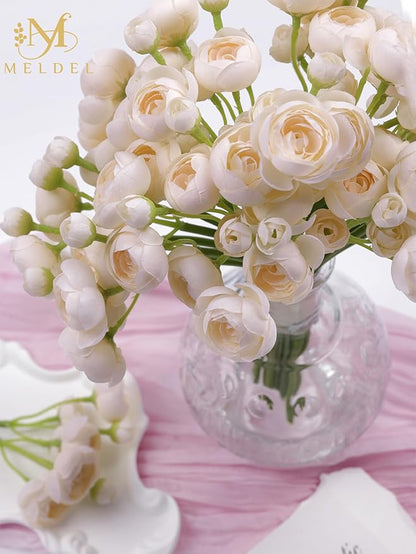 Meldel 32Pcs Ranunculus Artificial Flower, Faux Light Champagne Ranunculus Flowers for DIY Bouquet, Bulk Fake Peony Wedding Filler Flowers for Centerpieces Arrangements Bridal Shower Decorations