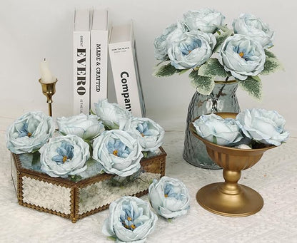 16pcs Silk Rose Head Light Blue Austin Roses Vintage Burnt Flower Artificial Flower Head with Stems for DIY Flower Wedding Bouquets Centerpieces Home Decoration (Light Blue)