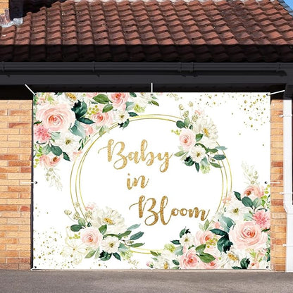 Baby in Bloom Baby Shower Garage Door Cover Banner Decorations Backdrop 7x8ft Pink Boho Floral Golden Loop Garage Door Backdrop Baby Shower Cake Table Outdoor Garage Door Banner Decorations