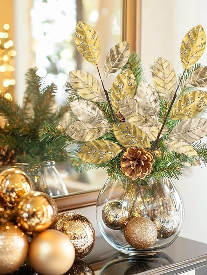Hollyone 23.6” Christmas Tree Picks and Sprays 3Pcs Champagne Artificial Magnolia Stems Magnolia Leaves Branches Fake Gold Leaf Floral for Vase DIY Xmas Tree Garland Wreath Centerpieces Wedding Decor
