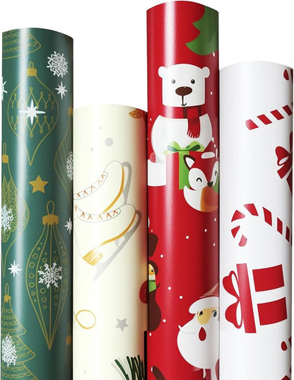 4 Rolls Christmas Wrapping Paper, 30 Inch x 14.8 Feet per Roll, Totaling 148 sq. ft. – Ornaments, Santa, Reindeer & Gift Box Designs, Eco-Friendly & Durable Coated Paper Gift Wrap for Christmas Presents & Holiday Decor