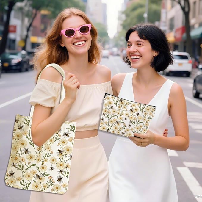 Flower Plant Lover Gifts for Women Canvas Tote Bag with Makeup Bag Cosmetic Bags Grocery Bags for Shopping Christmas