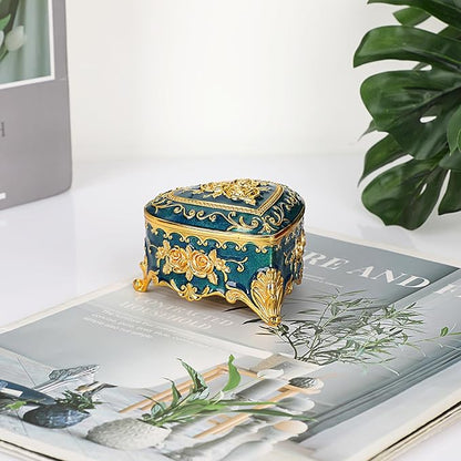 Hipiwe Vintage Metal Jewelry Box - Heart Shape Trinket Box Ring Case with Rose Pattern Jewelry Storage Box for Ring Earrings Necklace, Keepsake Box for Women, Blue