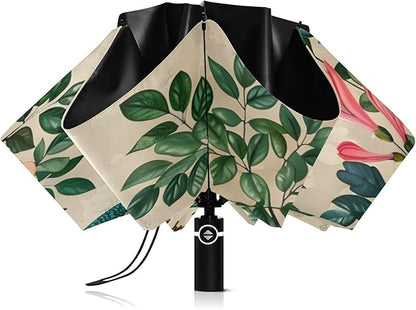 Automatic Folding Umbrella Windproof Strong, UV Protection Compact Floral Hydrangea Hummingbird Sun Rain Sun Rain Travel Umbrellas for Women Men