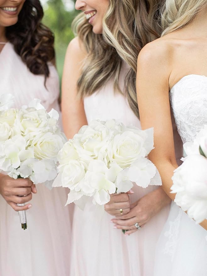 Rinlong 8.2 Inch Wedding Bouquets for Bridesmaids Bride White Rose Artificial Flowers Bridesmaids Bridal Bouquet for Wedding Prom