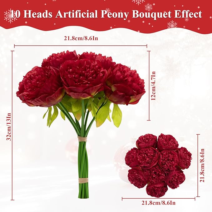 U'Artlines 10 Heads Artificial Peony Silk Flower Leaf Home Office Wedding Party Festival Bar Decor (Red)