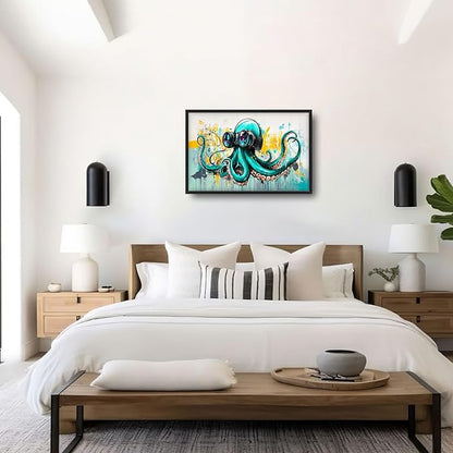 Ocean Octopus Large Wall Art Nautical Pictures Wall Decor Green Canvas Octopus Print Painting Modern Artwork Home Decoration for Living Room Bathroom Bedroom Office Framed 36"x24"