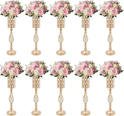 10 PCS Gold Wedding Centerpiece Vases, 24.02in Metal Crystal Wedding Centerpiece Vases, Crystal Metal Flower Vase Stand, for Wedding Party Reception, Dining Room Living Room Décor
