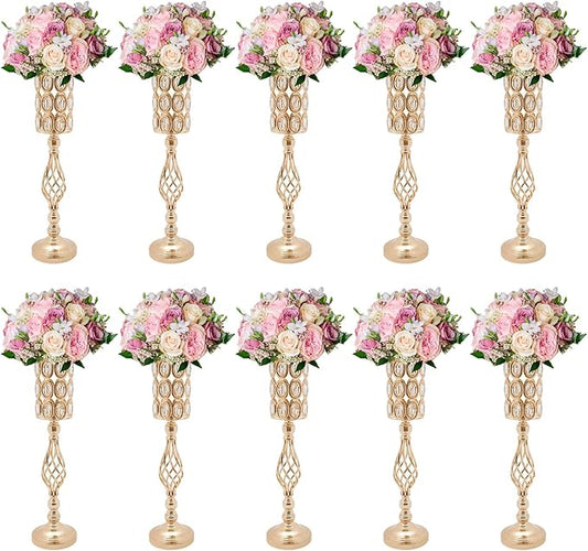 Wedding Centerpieces for Tables, 10 Pcs Vases for Centerpieces with Crystal Beads, 24in Tall Wedding Vase for Tables, Metal Flower Vase Stand with Crystal Beads for Wedding (Gold)