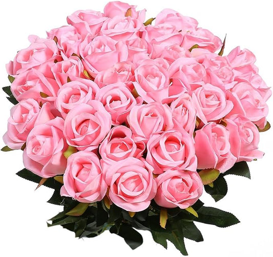 Veryhome Artificial Flowers Silk Roses Fake Bridal Wedding Bouquet for Home Garden Party Floral Decor 10 Pcs (Pink Straight stem)
