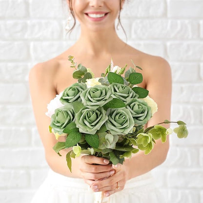 Mocoosy 50Pcs Rose Artificial Flowers, Sage Green Fake Roses for Decorations, Real Touch Foam Roses Bulk with Stems DIY Wedding Bouquets Elf Green Floral Arrangements Bridal Shower Party Home Decor