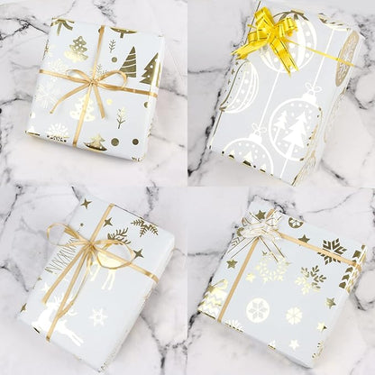 KIMOBER 4 Rolls Christmas Wrapping Paper,White Paper with Golden Metallic foil Shine Xmas Elements and Cut Lines on Reverse(30in × 144in Per Roll)