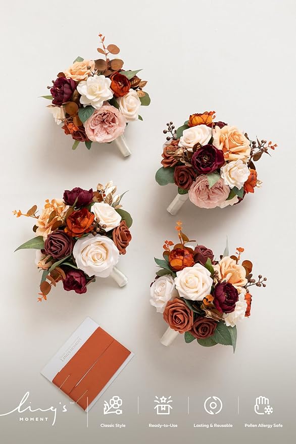 Ling's moment Bridesmaid Bouquet Set of 4, Terracotta Wedding Bouquets for Bridesmaids, 7 Inch Bridal Bouquets for Bridesmaids, Wedding, Ceremony, Anniversary, etc.