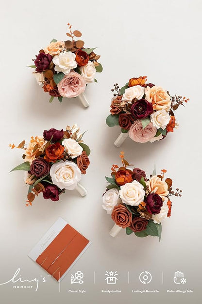 Ling's moment Bridesmaid Bouquet Set of 4, Terracotta Wedding Bouquets for Bridesmaids, 7 Inch Bridal Bouquets for Bridesmaids, Wedding, Ceremony, Anniversary, etc.