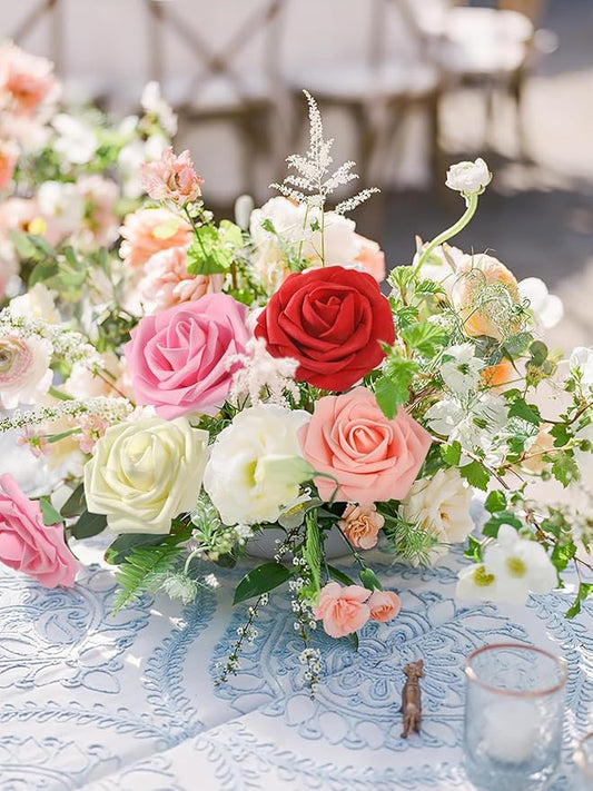 MACTING Artificial Rose Flowers 30PCS Fake Flowers with Stem Real Touch Soft Foam Rose for Valentines Day Gifts Wedding Bouquet Baby Shower Table Centerpieces Spring Decorations,Gradual Red Series