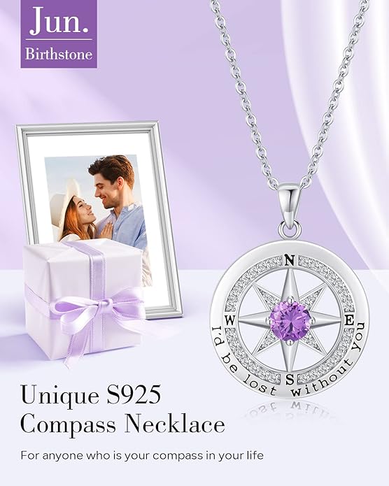S925 Necklace Gift for Wife |Compass Jewelry |Women Anniversary |Sterling Silver |Girlfriend Birthday Gifts for Her Valentines |I'd be Lost without You |Jewel 18K Gold