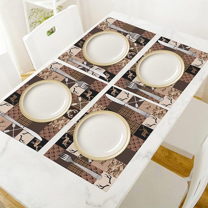 Vintage Camouflage Bear Moose Place Mats Set of 6 Pine Tree Wild Animal Kitchen Dining Table Mat for Indoor Outdoor Decorations 12 X 18 Inch 6 PCS, Style-21