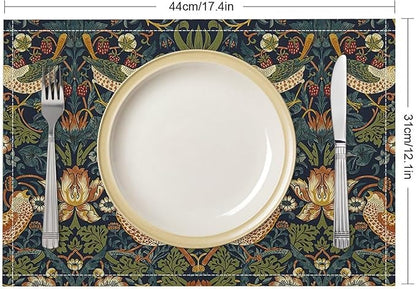 William Morris Floral Placemats Set of 4, Vintage Flower Strawberry Birds Green Place Mats, Heat Resistant Non Slip Cotton Linen Dining Table Mats for Home Kitchen Party 18x12 Inch