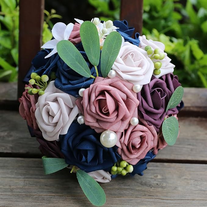 Lightweight Bridal Wedding Bouquet Round Holding Bouquet Throw Toss Artificial Rose Flower Bunch for Bride Bridesmaid Wedding Quinceanera (Navy, Smoky Rose, Light Taro & Dark Puce, 7.9")