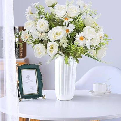 Artificial Flowers Bouquet 3 Pack Fake Rose Bouquet Faux Artificial Flower Arrangements Decoration Table Wedding Flower Centerpieces（White）