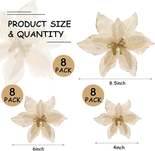 WILLBOND 24 Pcs 3 Size Poinsettia Flower Artificial Christmas Decor Glitter Poinsettia Christmas Ornaments Faux Flowers for Xmas Tree Outdoor(4/6/7.9 Inches,Gold)