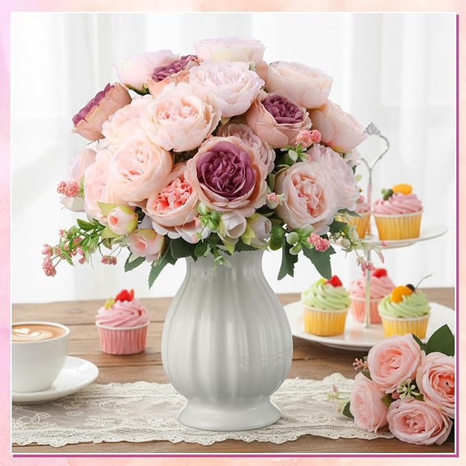 Geosar 24 Bundles Artificial Peonies Flowers Fake Silk Peony Bouquet Faux Peonies Flowers Bulk for Decoration Vase Floral Arrangements Wedding Party Table (Dusty Rose,Champagne Pink)