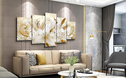 LUDUHU Golden Orchid Flowers Canvas Print - Abstract Floral Wall Art Painting Decor for Home Decoration, Contemporary White Floral Artwork Picture Bedroom Wall Art Decor (E,Oversize 40x20inch)