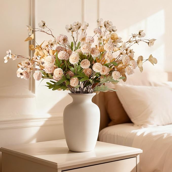 Real-Touch Beige Faux Mums Bouquet, 20 Fake Kiku Stems with Eucalyptus & Wildflowers, Full and Lifelike Artificial Flower Arrangement for Vases, Weddings, Centerpieces & Home Décor (No Vase)
