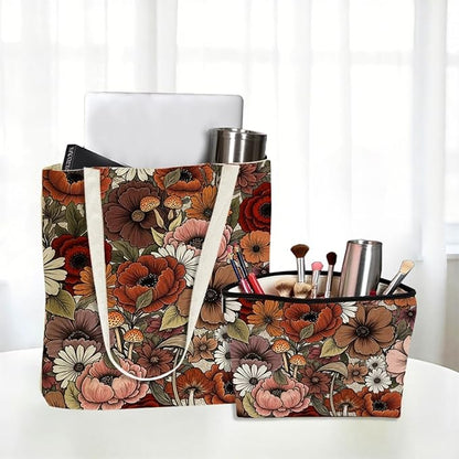 Flower Plant Lover Gifts for Women Canvas Tote Bag with Makeup Bag Cosmetic Bags Grocery Bags for Shopping Christmas