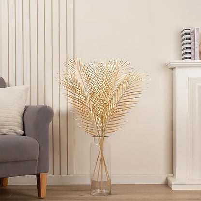 29” Large Gold Palm Leaves Palm Fronds Tropical Leaves Areca Palm Branches Artificial Palm Leaves with Stem Golden Palm Tree Leaves Faux Palm Leaves for Floral Arrangement Fake Gold Leaves 6Pcs