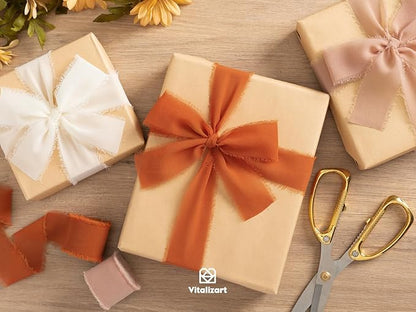 Vitalizart Terracotta Handmade Chiffon Silk Ribbon Fringe 3 Rolls 1.5" x 21 Yd Frayed Edges Ribbons for Wedding Invitations Bridal Bouquets Gifts Wrapping Crafts Holiday Decor