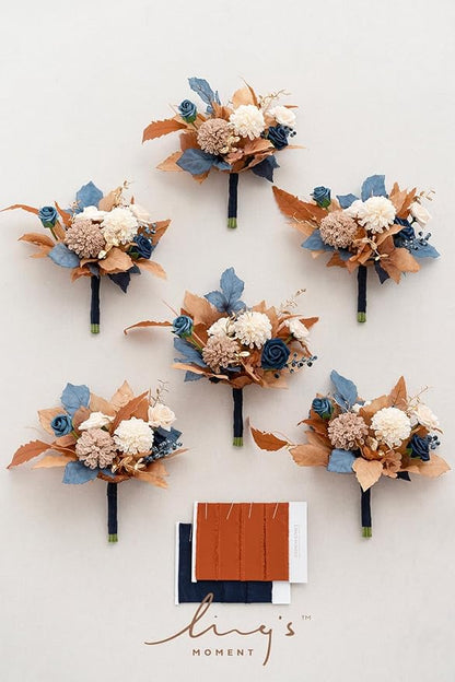 Ling's moment Artificial Flowers Orange & Navy Bridesmaid Bouquet Set of 6, Orange Wedding Flowers Bouquets for Bridesmaids, 7 Inch Bridal Bouquets for Bridesmaids, Wedding, Decor, etc