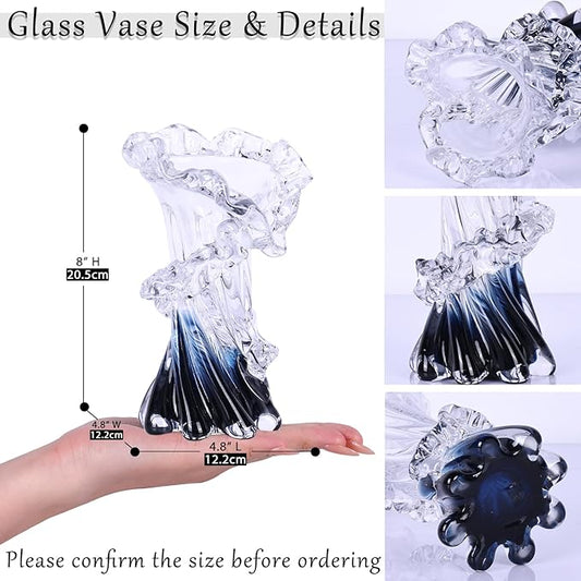Hand Blown Blue Glass Vase, Unique Art Beautiful Ocean Glass Vase for Home Centerpiece, Coffee Table, Living Room, Office Decor - 8" H