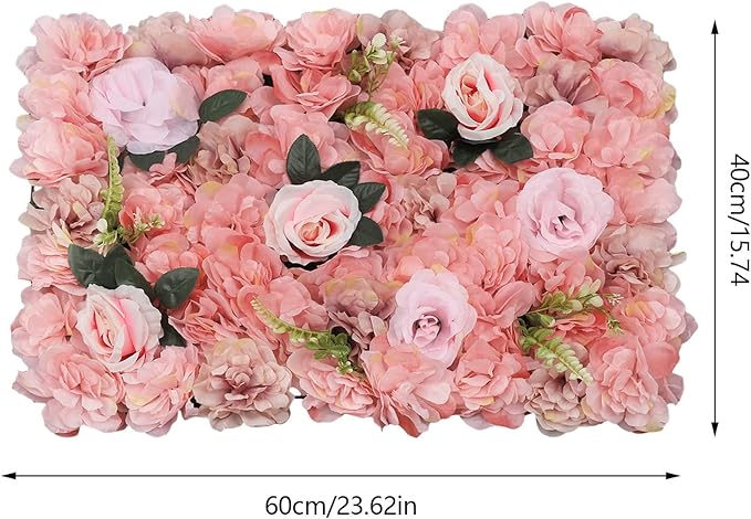 12 Pcs Artificial Flower Wall Panels, 24"x16" 3D Pink Silk Dahlia Hydrangea Rose Flowers Wall Backdrop Artificial Silk Fabric Flower Banquet Wedding Party Decor for Stage Background (Type 4)