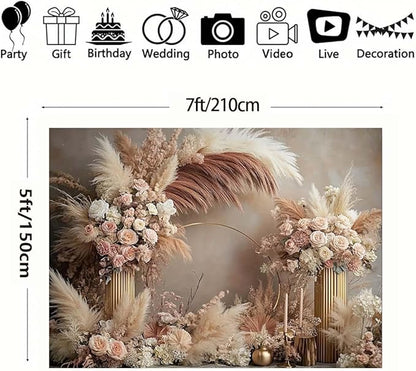 Boho Floral Wedding Backdrop Pampas Grass Flower Curtain Background Wedding Bridal Shower Anniversary Party Decoration Backdrop Newborn Baby Shower Pregnancy Photos Backdrop (7x5feet)