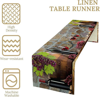 Red Wine Table Runner Wine Grape Alcohol Fruit Vintage Barrel Dinner Runner for Farmhouse Cabin Home Kitchen Dining Holiday Wedding Party Dining Decor 13x120in