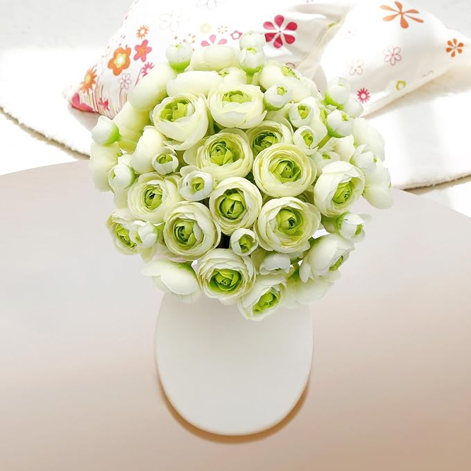 24 Pcs Ranunculus Artificial Flowers 10.5", Mini Faux Silk Ranunculus with Stem, Fake Flowers for Home Decor Indoor Wedding Bouquets Centerpieces (White and Green)